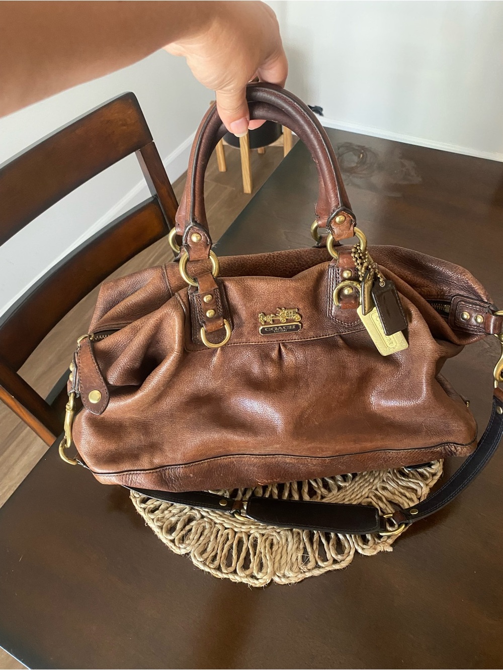 Vintage Coach Madison Large Brown Leather Satchel Rear Zipper Pocket Bag read